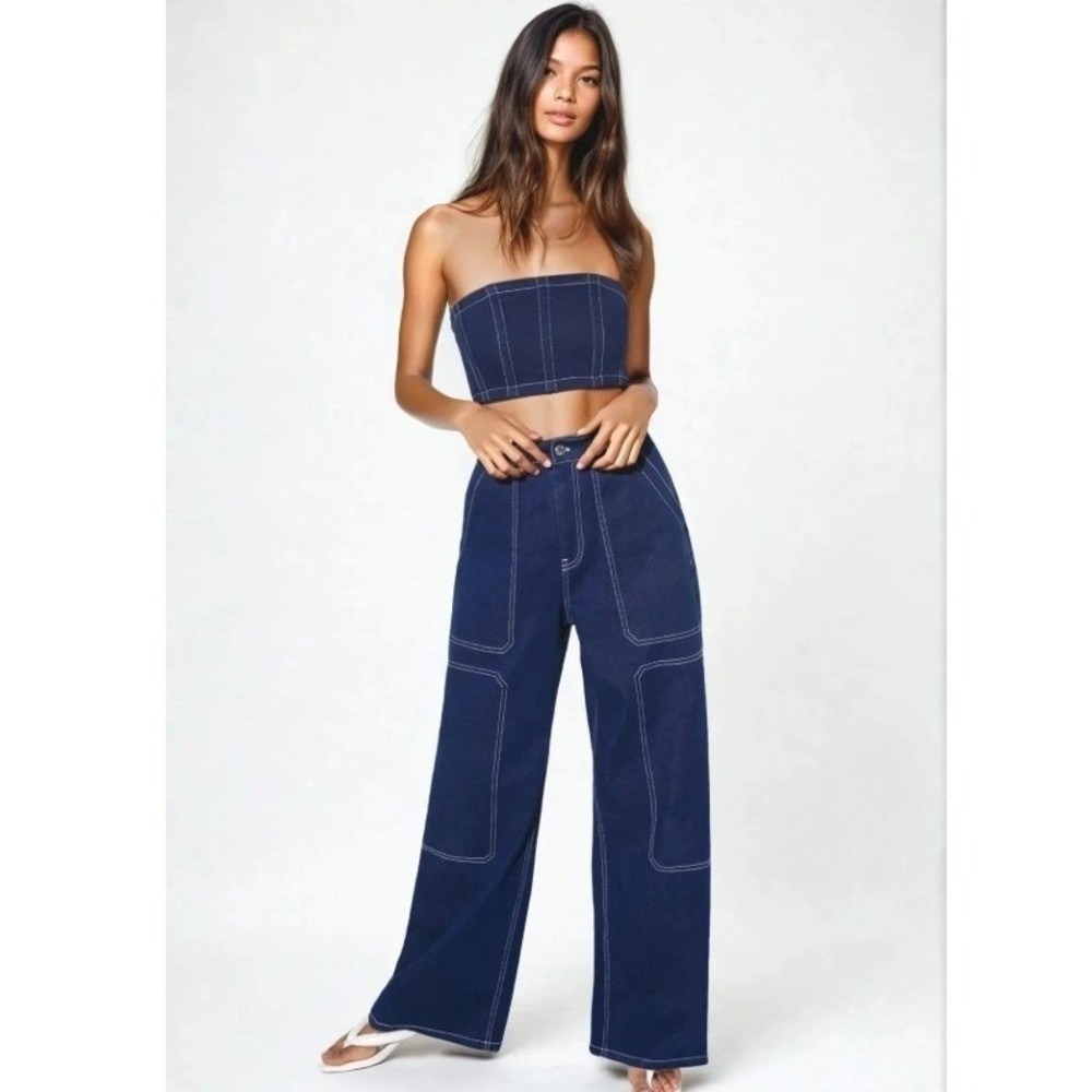BY. DYLN Cooper Wide Leg High Rise Jeans Womens Blue Size 26 Contrast Stitch EUC